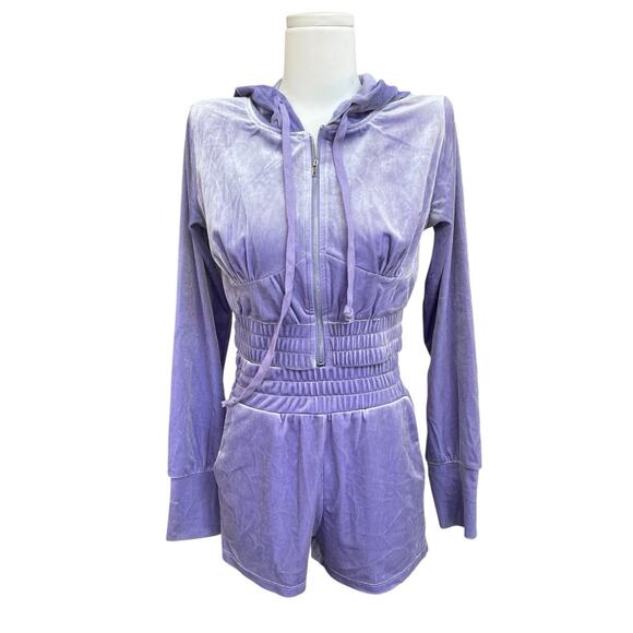TIC TOC Pants - TIC TOC Purple Velvet Crop Hooded Full Zip Jacket Elastic Waist Shorts Set Sz S
